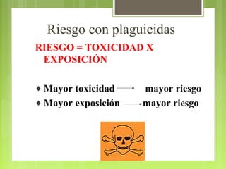Riesgo con plaguicidas
RIESGO = TOXICIDAD X
EXPOSICIÓN
♦ Mayor toxicidad mayor riesgo
♦ Mayor exposición mayor riesgo
 
