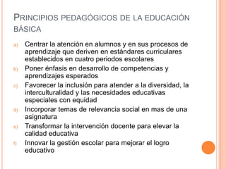 PRINCIPIOS PEDAGÓGICOS DE LA EDUCACIÓN
BÁSICA
a)   Centrar la atención en alumnos y en sus procesos de
     aprendizaje que deriven en estándares curriculares
     establecidos en cuatro periodos escolares
b)   Poner énfasis en desarrollo de competencias y
     aprendizajes esperados
c)   Favorecer la inclusión para atender a la diversidad, la
     interculturalidad y las necesidades educativas
     especiales con equidad
d)   Incorporar temas de relevancia social en mas de una
     asignatura
e)   Transformar la intervención docente para elevar la
     calidad educativa
f)   Innovar la gestión escolar para mejorar el logro
     educativo
 