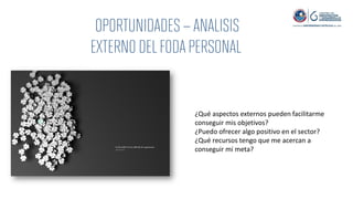 ¿Qué aspectos externos pueden facilitarme
conseguir mis objetivos?
¿Puedo ofrecer algo positivo en el sector?
¿Qué recursos tengo que me acercan a
conseguir mi meta?
 