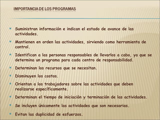 Suministran información e indican el estado de avance de las actividades. Mantienen en orden las actividades, sirviendo como herramienta de control. Identifican a las personas responsables de llevarlos a cabo, ya que se determina un programa para cada centro de responsabilidad. Determinan los recursos que se necesitan. Disminuyen los costos. Orientan a los trabajadores sobre las actividades que deben realizarse específicamente. Determinan el tiempo de iniciación y terminación de las actividades. Se incluyen únicamente las actividades que son necesarias . Evitan las duplicidad de esfuerzos . 