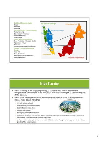 5
East Coast Economic Region
Crops
Fisheries
Livestock
Northern Corridor Economic Region
Paddy Farming
Downstream Industries
Livestock Farming
Greenhouse
Sabah Development Corridor
Food Production - Livestock Centre
Agropolitan - Crops
Fisheries
Cold Room Facilities and Services
Sarawak Corridor Of Renewable
Energy
Halal Hub
Food Processing
Fishing & Aquaculture Industry
Livestock Industry
• Urban planning is the physical planning of concentrated human settlements
designated as urban areas. It is a indication that a certain degree of detail is required
of the planner.
• Urban plans are represented in the same way as physical plans but they normally
include more detail, including:
o infrastructure network
o spatial organizational structures
o detailed action area plans
o density distribution
o zoning regulations for the areas
o location of functions in the urban system including population, industry, commerce, institutions,
o recreational facilities, utilities, natural resources,
o environmental action plans and other essential information thought to be important for the future
growth of the urban region.
 