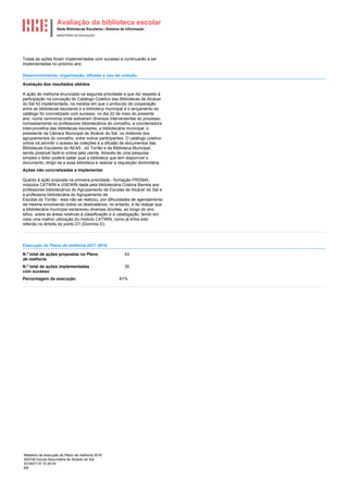 Avaliação da biblioteca escolar
Rede Bibliotecas Escolares | Sistema de Informação
MINISTÉRIO DA EDUCAÇÃO
Relatório de execução do Plano de melhoria 2018
400749 Escola Secundária de Alcácer do Sal
2018/07/16 15:26:04
8/8
Todas as ações foram implementadas com sucesso e continuarão a ser
implementadas no próximo ano
Desenvolvimento, organização, difusão e uso da coleção.
Avaliação dos resultados obtidos
A ação de melhoria enunciada na segunda prioridade e que diz respeito à
participação na conceção do Catálogo Coletivo das Bibliotecas de Alcácer
do Sal foi implementada, na medida em que o protocolo de cooperação
entre as bibliotecas escolares e a biblioteca municipal e o lançamento do
catálogo foi concretizado com sucesso, no dia 22 de maio do presente
ano, numa cerimónia onde estiveram diversos intervenientes do processo,
nomeadamente os professores bibliotecários do concelho, a coordenadora
interconcelhia das bibliotecas escolares, a bibliotecária municipal, o
presidente da Câmara Municipal de Alcácer do Sal, os diretores dos
agrupamentos do concelho, entre outros participantes. O catálogo coletivo
online irá permitir o acesso às coleções e a difusão de documentos das
Bibliotecas Escolares do AEAS , do Torrão e da Biblioteca Municipal,
sendo possível fazê-lo online pelo utente. Através de uma pesquisa
simples o leitor poderá saber qual a biblioteca que tem disponível o
documento, dirigir-se a essa biblioteca e realizar a requisição domiciliária.
Ações não concretizadas a implementar
Quanto à ação proposta na primeira prioridade - formação PRISMA,
módulos CATWIN e USEWIN dada pela bibliotecária Cristina Barrela aos
professores bibliotecários do Agrupamento de Escolas de Alcácer do Sal e
à professora bibliotecária do Agrupamento de
Escolas do Torrão - esta não se realizou, por dificuldades de agendamento
da mesma envolvendo todos os destinatários, no entanto, é de realçar que
a bibliotecária municipal esclareceu diversas dúvidas, ao longo do ano
letivo, sobre as áreas relativas à classificação e à catalogação, tendo em
vista uma melhor utilização do módulo CATWIN, como já tinha sido
referido no âmbito do ponto D1 (Domínio D).
Execução do Plano de melhoria 2017-2018
N.º total de ações propostas no Plano
de melhoria
43
N.º total de ações implementadas
com sucesso
35
Percentagem de execução 81%
 