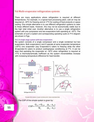 55
9.6 Multi-evaporator refrigeration systems
There are many applications where refrigeration is required at different
temperatures. For example, in a typical food processing plant, cold air may be
required at –30o
C for freezing and at +7o
C for cooling of food products or space
cooling. One simple alternative is to use different refrigeration systems to cater
to these different loads. However, this may not be economically viable due to
the high total initial cost. Another alternative is to use a single refrigeration
system with one compressor and two evaporators both operating at −30o
C. The
schematic of such a system and corresponding operating cycle on P-h diagram
are shown in Figs.
9.6.1 A single stage system with two evaporators
the system consists of a single compressor and a single condenser but two
evaporators. Both evaporators-I and II operate at same evaporator temperature
(-30o
C) one evaporator (say Evaporator-I) caters to freezing while the other
(Evaporator-II) caters to product cooling/space conditioning at 7o
C. It can be
seen that operating the evaporator at –30o
C when refrigeration is required at
+7o
C is thermodynamically inefficient as the system irreversibilities increase
with increasing temperature difference for heat transfer.
FIGURE 8:A SINGLE STAGE SYSTEM WITH TWO EVAPORATORS
The COP of this simple system is given by:
 