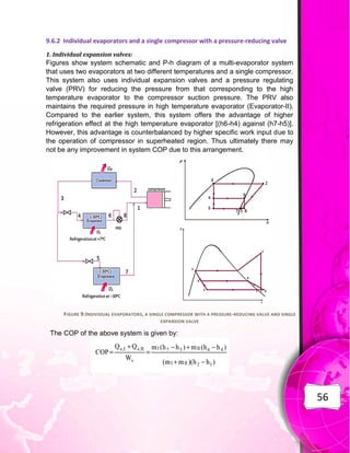 56
9.6.2 Individual evaporators and a single compressor with a pressure-reducing valve
1. Individual expansion valves:
Figures show system schematic and P-h diagram of a multi-evaporator system
that uses two evaporators at two different temperatures and a single compressor.
This system also uses individual expansion valves and a pressure regulating
valve (PRV) for reducing the pressure from that corresponding to the high
temperature evaporator to the compressor suction pressure. The PRV also
maintains the required pressure in high temperature evaporator (Evaporator-II).
Compared to the earlier system, this system offers the advantage of higher
refrigeration effect at the high temperature evaporator [(h6-h4) against (h7-h5)].
However, this advantage is counterbalanced by higher specific work input due to
the operation of compressor in superheated region. Thus ultimately there may
not be any improvement in system COP due to this arrangement.
FIGURE 9:INDIVIDUAL EVAPORATORS, A SINGLE COMPRESSOR WITH A PRESSURE-REDUCING VALVE AND SINGLE
EXPANSION VALVE
The COP of the above system is given by:
 