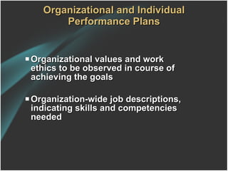Organizational and Individual Performance Plans Organizational values and work ethics to be observed in course of achieving the goals Organization-wide job descriptions, indicating skills and competencies needed 