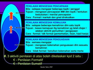 PENILAIAN MENGESAN PENCAPAIAN
                 Bila : selepas mengajar beberapa topik / penggal
                 Tujuan : mengesan pencapaian MM dlm topik / tentukan
                           kedudukan / menilai pencapaian
                 Cara : Formal / markah dan gred direkodkan

                 PENILAIAN MENGESAN KEMAJUAN
                 Bila : selepas beberapa kemahiran dlm satu topik
                 Tujuan : kesan kemajuan ttg kemahiran yg telah diajar /
                           adakan aktiviti pemulihan / pengayaan
                 Cara : formal / tdk formal (pemerhatian, lisan, hasil kerja)

                 PENILAIAN MENGESAN PENGUASAAN
                 Bila : semasa mengajar
                 Tujuan : mengesan kelemahan penguasaan dlm sesuatu
                           kemahiran
                 Cara : tidak formal / betulkan kelemahan serta merta

#. 3 aktiviti penilaian di atas boleh dikelaskan kpd 2 iaitu :
       € - Penilaian Formatif
       € - Penilaian Sumatif
                               Nordin Tahir, IPIP
 