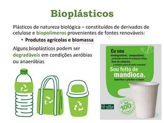 Bioplásticos
Plásticos de natureza biológica – constituídos de derivados de
celulose e biopolímeros provenientes de fontes renováveis:
• Produtos agrícolas e biomassa
Alguns bioplásticos podem ser
degradáveis em condições aeróbias
ou anaeróbias
 