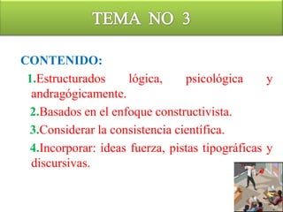 TEMA  N° 3FASES PARA LA ELABORACION DE MODULOSDEFINICION DE CONCEPTOS:Modulo instruccional de aprendizaje: Constituye un recurso didáctico, un medio decomunicación en el cual se desarrollan los contenidos de un curso previamente planificado,dosificado y contextualizado. Se prevé que algunos objetivos los alcanzará el participante por sísólo mientras que otros los logrará con la guía y orientación del facilitador. Es un todo dividido ensegmentos, cada uno con su estructura y significación propia denominadas, guías de aprendizaje. Módulo autoinstruccional: Documento didáctico en el cual se desarrollan contenidosfundamentales de un curso previamente planificado, con el propósito de que el participante logrelos aprendizajes por si mismo, sin la necesidad de asistir a clases presenciales.Módulo Informativo:Compendio de lecturas o separatas para que el participante estudie. Sirven de complemento al módulo instruccional.