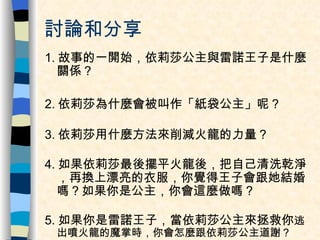 討論和分享 1. 故事的一開始，依莉莎公主與雷諾王子是什麼關係？ 2. 依莉莎為什麼會被叫作「紙袋公主」呢？ 3. 依莉莎用什麼方法來削減火龍的力量？ 4. 如果依莉莎最後擺平火龍後，把自己清洗乾淨，再換上漂亮的衣服，你覺得王子會跟她結婚嗎？如果你是公主，你會這麼做嗎？ 5. 如果你是雷諾王子，當依莉莎公主來拯救你 逃出噴火龍的魔掌時，你會怎麼跟依莉莎公主道謝？ 
