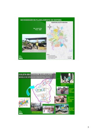 NECESSIDADE DE PLANEJAMENTO DO SISTEMA



                 São José do Rio
                    Preto - 2008




DAU
SRHU
MMA




COLETA SELETIVA EM GUARULHOS
MODELO DE OPERAÇÃO DESCENTRALIZADA

                                             1



                                         2
                                                 Residências ou instituições
                                                 fidelizadas
                             3


                                                                  Transporte
                      1              2                            local de
                                                                  baixa
                                                                  capacidade




                                                               Base de Apoio
                                         2                     para
                                                               concentração
                                 1                             de cargas
                                                               (parceiro)




                                                                  Transporte
                                                                  de maior
                                                                  capacidade
DAU
SRHU          Central de Triagem,

MMA
              Processamento e Venda




                                                                               5
 