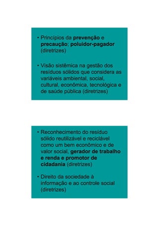 26/11/2009




• Princípios da prevenção e
  precaução; poluidor-pagador
  (diretrizes)

• Visão sistêmica na gestão dos
  resíduos sólidos que considera as
  variáveis ambiental, social,
  cultural, econômica, tecnológica e
  de saúde pública (diretrizes)




• Reconhecimento do resíduo
  sólido reutilizável e reciclável
  como um bem econômico e de
  valor social, gerador de trabalho
     l     i l       d d t b lh
  e renda e promotor de
  cidadania (diretrizes)

• Direito da sociedade à
  informação e ao controle social
  (diretrizes)




                                               2
 