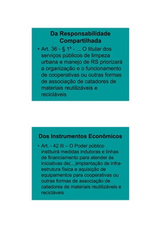 26/11/2009




      Da Responsabilidade
         Compartilhada
• Art. 36 - § 1º - ... O titular dos
  serviços públicos de limpeza
  urbana e manejo de RS priorizará
  a organização e o funcionamento
  de cooperativas ou outras formas
  de associação de catadores de
  materiais reutilizáveis e
  recicláveis




Dos Instrumentos Econômicos
• Art. - 42 III – O Poder público
  instituirá medidas indutoras e linhas
  de financiamento para atender às
  iniciativas de(...)implantação de infra-
  estrutura física e aquisição de
  equipamentos para cooperativas ou
  outras formas de associação de
  catadores de materiais reutilizáveis e
  recicláveis




                                                     8
 