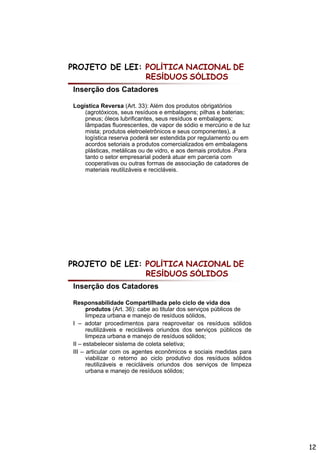 PROJETO DE LEI: POLÍTICA NACIONAL DE
                RESÍDUOS SÓLIDOS
Inserção dos Catadores

Logística R
L í ti Reversa (A t 33): Alé d produtos obrigatórios
                     (Art. 33) Além dos    d t   b i tó i
    (agrotóxicos, seus resíduos e embalagens; pilhas e baterias;
    pneus; óleos lubrificantes, seus resíduos e embalagens;
    lâmpadas fluorescentes, de vapor de sódio e mercúrio e de luz
    mista; produtos eletroeletrônicos e seus componentes), a
    logística reserva poderá ser estendida por regulamento ou em
    acordos setoriais a produtos comercializados em embalagens
    plásticas, metálicas ou de vidro, e aos demais produtos .Para
    tanto o setor empresarial poderá atuar em parceria com
    cooperativas ou outras formas de associação de catadores de
    materiais reutilizáveis e recicláveis.




PROJETO DE LEI: POLÍTICA NACIONAL DE
                RESÍDUOS SÓLIDOS
Inserção dos Catadores

Responsabilidade Compartilhada pelo ciclo de vida dos
R             bilid d C        tilh d     l i l d id d
      produtos (Art. 36): cabe ao titular dos serviços públicos de
      limpeza urbana e manejo de resíduos sólidos,
I – adotar procedimentos para reaproveitar os resíduos sólidos
      reutilizáveis e recicláveis oriundos dos serviços públicos de
      limpeza urbana e manejo de resíduos sólidos;
II – estabelecer sistema de coleta seletiva;
III – articular com os agentes econômicos e sociais medidas para
      viabilizar o retorno ao ciclo produtivo dos resíduos sólidos
      reutilizáveis e recicláveis oriundos dos serviços de limpeza
      urbana e manejo de resíduos sólidos;




                                                                      12
 