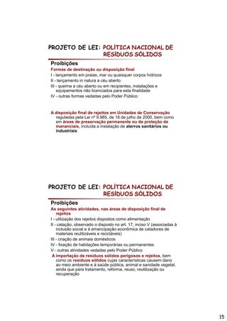 PROJETO DE LEI: POLÍTICA NACIONAL DE
                RESÍDUOS SÓLIDOS
Proibições
Formas de destinação ou disposição final
I-l lançamento em praias, mar ou quaisquer corpos híd i
              t        i               i             hídricos
II - lançamento in natura a céu aberto
III - queima a céu aberto ou em recipientes, instalações e
    equipamentos não licenciados para esta finalidade
IV - outras formas vedadas pelo Poder Público


A disposição final de rejeitos em Unidades de Conservação
  reguladas pela Lei nº 9.985, de 18 de julho de 2000, bem como
  em áreas de preservação permanente ou de proteção de
  mananciais, incluída a instalação de aterros sanitários ou
  industriais




PROJETO DE LEI: POLÍTICA NACIONAL DE
                RESÍDUOS SÓLIDOS
Proibições
As seguintes atividades, nas áreas de disposição final de
    rejeitos
I - utilização dos rejeitos dispostos como alimentação
II - catação, observado o disposto no art. 17, inciso V (associadas à
    inclusão social e à emancipação econômica de catadores de
    materiais reutilizáveis e recicláveis)
III - criação de animais domésticos
IV - fixação de habitações temporárias ou permanentes
V - outras atividades vedadas pelo Poder Público
 A importação de resíduos sólidos perigosos e rejeitos, bem
    como os resíduos sólidos cujas características causem dano
    ao meio ambiente e à saúde pública, animal e sanidade vegetal,
    ainda que para tratamento, reforma, reuso, reutilização ou
    recuperação




                                                                        15
 