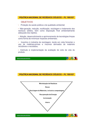 26/11/2009




     POLÍTICA NACIONAL DE RESÍDUOS SÓLIDOS – PL 1991/07

      OBJETIVOS
 •    Proteção da saúde pública e da qualidade ambiental;
 • Não-geração, redução, reutilização, reciclagem e tratamento dos
        g ç ,        ç ,          ç ,         g
 resíduos sólidos, bem como disposição final ambientalmente
 adequada dos rejeitos;
 • Adoção, desenvolvimento e aprimoramento de tecnologias limpas
 como forma de minimizar impactos ambientais;
 • Incentivo à indústria da reciclagem, tendo em vista fomentar o
 uso de matérias-primas e insumos derivados de materiais
            matérias primas
 recicláveis e reciclados;
 • Estímulo à implementação da avaliação do ciclo de vida do
 produto.


www.mma.gov.br/srhu




     POLÍTICA NACIONAL DE RESÍDUOS SÓLIDOS – PL 1991/07




www.mma.gov.br/srhu




                                                                             2
 