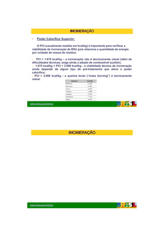 26/11/2009




                              INCINERAÇÃO

 •   Poder Calorífico Superior:

     O PCI (usualmente medido em kcal/kg) é importante para verificar a
 viabilidade de incineração de RSU pois relaciona a quantidade de energia
 por unidade de massa de resíduo
                           resíduo.

     PCI < 1.675 kcal/kg – a incineração não é tecnicamente viável (além de
 dificuldades técnicas, exige ainda a adição de combustível auxiliar);
    1.675 kcal/kg < PCI < 2.000 kcal/kg - a viabilidade técnica da incineração
 ainda depende de algum tipo de pré-tratamento que eleve o poder
 calorífico;
   PCI > 2.000 kcal/kg - a queima bruta (“mass burning”) é tecnicamente
 viável.
 viável




www.mma.gov.br/srhu




                             INCINERAÇÃO




www.mma.gov.br/srhu




                                                                                         7
 