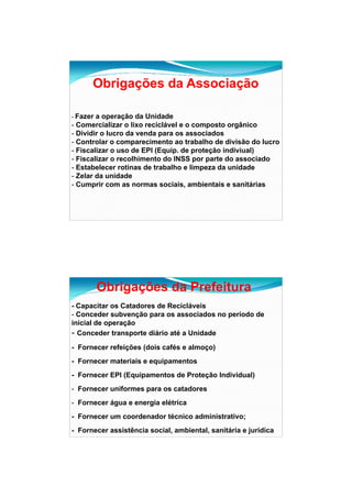 26/11/2009




      Obrigações da Associação

-FFazer a operação d Unidade
                  ã da U id d
- Comercializar o lixo reciclável e o composto orgânico
- Dividir o lucro da venda para os associados
- Controlar o comparecimento ao trabalho de divisão do lucro
- Fiscalizar o uso de EPI (Equip. de proteção indiviual)
- Fiscalizar o recolhimento do INSS por parte do associado
- Estabelecer rotinas de trabalho e limpeza da unidade
- Zelar da unidade
- Cumprir com as normas sociais, ambientais e sanitárias




       Obrigações da Prefeitura
- Capacitar os Catadores de Recicláveis
- Conceder subvenção para os associados no período de
inicial de operação
-CConceder t
         d transporte diá i até a Unidade
                    t diário té U id d

- Fornecer refeições (dois cafés e almoço)
- Fornecer materiais e equipamentos
- Fornecer EPI (Equipamentos de Proteção Individual)
- Fornecer uniformes para os catadores
- Fornecer água e energia elétrica
- Fornecer um coordenador técnico administrativo;
- Fornecer assistência social, ambiental, sanitária e jurídica




                                                                        14
 