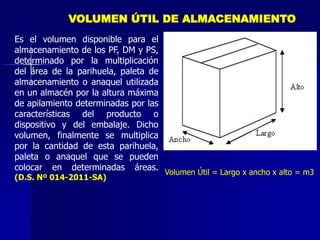 Es el volumen disponible para el
almacenamiento de los PF, DM y PS,
determinado por la multiplicación
del área de la parihuela, paleta de
almacenamiento o anaquel utilizada
en un almacén por la altura máxima
de apilamiento determinadas por las
características del producto o
dispositivo y del embalaje. Dicho
volumen, finalmente se multiplica
por la cantidad de esta parihuela,
paleta o anaquel que se pueden
colocar en determinadas áreas.
(D.S. Nº 014-2011-SA)
VOLUMEN ÚTIL DE ALMACENAMIENTO
Volumen Útil = Largo x ancho x alto = m3
 