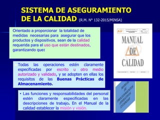 SISTEMA DE ASEGURAMIENTO
DE LA CALIDAD (R.M. N° 132-2015/MINSA)
 Todas las operaciones estén claramente
especificadas por escrito u otro medio
autorizado y validado, y se adopten en ellas los
requisitos de las Buenas Prácticas de
Almacenamiento.
Orientado a proporcionar la totalidad de
medidas necesarias para asegurar que los
productos y dispositivos, sean de la calidad
requerida para el uso que están destinados,
garantizando que:
• Las funciones y responsabilidades del personal
estén claramente especificadas en las
descripciones de trabajo. En el Manual de la
calidad establecer la misión y visión.
 