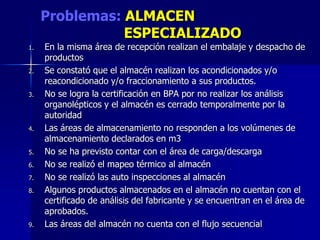 Problemas: ALMACEN
ESPECIALIZADO
1. En la misma área de recepción realizan el embalaje y despacho de
productos
2. Se constató que el almacén realizan los acondicionados y/o
reacondicionado y/o fraccionamiento a sus productos.
3. No se logra la certificación en BPA por no realizar los análisis
organolépticos y el almacén es cerrado temporalmente por la
autoridad
4. Las áreas de almacenamiento no responden a los volúmenes de
almacenamiento declarados en m3
5. No se ha previsto contar con el área de carga/descarga
6. No se realizó el mapeo térmico al almacén
7. No se realizó las auto inspecciones al almacén
8. Algunos productos almacenados en el almacén no cuentan con el
certificado de análisis del fabricante y se encuentran en el área de
aprobados.
9. Las áreas del almacén no cuenta con el flujo secuencial
 