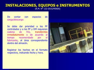 – De contar con espacios de
carga/descarga:
– Se debe dar prioridad a los PF
controlados y a los PF y DM requieran
cadena de frío, transferirlos
inmediatamente o de acuerdo al
tiempo recomendado por el
fabricante, al área correspondiente
dentro del almacén.
– Registrar los hechos en el formato
respectivo, indicando fecha y hora.
INSTALACIONES, EQUIPOS e INSTRUMENTOS
(R.M. N° 132-2015/MINSA)
 