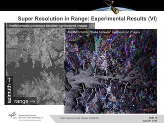 Super Resolution in Range: Experimental Results (VI) Interferometric coherence between synthesized images Interferometric phase between synthesized images azimuth  range  