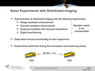 Some Experiments with Distributed Imaging Demonstration of  distributed imaging  with the following experiments: Range-resolution enhancement Azimuth-resolution enhancement Quad-pol synthesis with dual-pol acquisitions Digital beamforming Elaborated manual commanding of each experiment Experiments performed during the monostatic commissioning phase: 20 km ~ 3 s TSX TDX Baseline needs to be compensated 