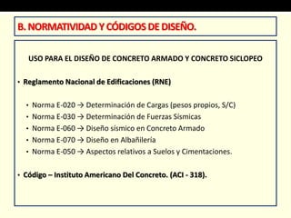 USO PARA EL DISEÑO DE CONCRETO ARMADO Y CONCRETO SICLOPEO
• Reglamento Nacional de Edificaciones (RNE)
• Norma E-020 → Determinación de Cargas (pesos propios, S/C)
• Norma E-030 → Determinación de Fuerzas Sísmicas
• Norma E-060 → Diseño sísmico en Concreto Armado
• Norma E-070 → Diseño en Albañilería
• Norma E-050 → Aspectos relativos a Suelos y Cimentaciones.
• Código – Instituto Americano Del Concreto. (ACI - 318).
B. NORMATIVIDADY CÓDIGOSDEDISEÑO.
 