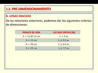 B. LOSAS MACIZAS
De las relaciones anteriores, podemos dar los siguientes criterios
de dimensiones:
PERALTE DE LOSA LUZ MAS CRITICA (M)
ℎ = 12 @ 13 𝑐𝑚 𝐿 < 4 𝑚
ℎ = 15 𝑐𝑚 L ≤ 5.5 𝑚.
ℎ = 20 𝑐𝑚 𝐿 ≤ 6.5 𝑚.
ℎ = 25 𝑐𝑚 𝐿 ≤ 7.5 𝑚.
1.2.PRE-DIMENSIONAMIENTO
 