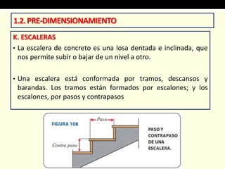 K. ESCALERAS
• La escalera de concreto es una losa dentada e inclinada, que
nos permite subir o bajar de un nivel a otro.
• Una escalera está conformada por tramos, descansos y
barandas. Los tramos están formados por escalones; y los
escalones, por pasos y contrapasos
1.2.PRE-DIMENSIONAMIENTO
 