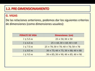 1.2. PRE-DIMENSIONAMIENTO
G. VIGAS
De las relaciones anteriores, podemos dar los siguientes criterios
de dimensiones (como dimensiones usuales):


          PERALTE DE VIGA               Dimensiones (cm)
              𝑙 ≤ 5.5 𝑚                  25 × 50, 30 × 50
              𝑙 ≤ 6.5 𝑚              25 × 60, 30 × 60; 40 × 60
              𝑙 ≤ 7.5 𝑚        25 × 70; 30 × 70; 40 × 70; 50 × 70
              𝑙 ≤ 8.5 𝑚         30 × 75; 40 × 75; 30 × 80; 40 × 80
              𝑙 ≤ 9.5 𝑚         30 × 85; 30 × 90; 40 × 85; 40 × 90
 