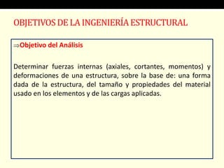 OBJETIVOS DE LA INGENIERÍA ESTRUCTURAL

Objetivo del Análisis


Determinar fuerzas internas (axiales, cortantes, momentos) y
deformaciones de una estructura, sobre la base de: una forma
dada de la estructura, del tamaño y propiedades del material
usado en los elementos y de las cargas aplicadas.
 