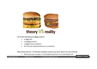  	
  	
  www.oraly)cs.com 	
  t	
  :	
  @brendan)erney 	
  e	
  :	
  brendan.)erney@oraly)cs.com	
   	
   	
   	
  	
  
All	
  of	
  the	
  following	
  are	
  Real	
  projects	
  
§  on	
  Real	
  data	
  
§  using	
  Real	
  products	
  
§  on	
  Real	
  business	
  problems	
  
§  Are	
  full	
  cycle	
  implementa)ons	
  &	
  in	
  produc)on	
  
	
  
Most	
  Data	
  Science	
  	
  /	
  Predic)ve	
  Analy)cs	
  stories	
  you	
  hear	
  about	
  are	
  very	
  limited	
  
§  Many	
  only	
  exist	
  on	
  paper,	
  in	
  a	
  test	
  lab/environment,	
  on	
  a	
  presenta)on,	
  etc	
  
 