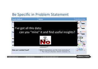  	
  	
  www.oraly)cs.com 	
  t	
  :	
  @brendan)erney 	
  e	
  :	
  brendan.)erney@oraly)cs.com	
   	
   	
   	
  	
  
Be	
  Speciﬁc	
  in	
  Problem	
  Statement	
  
Poorly	
  Deﬁned	
   Be-er	
   Data	
  Mining	
  Technique	
  
Predict	
  employees	
  that	
  leave	
   •  Based	
  on	
  past	
  employees	
  that	
  voluntarily	
  leV:	
  
•  Create	
  New	
  AWribute	
  EmplTurnover	
  à	
  O/1	
  
Predict	
  customers	
  that	
  churn	
   •  Based	
  on	
  past	
  customers	
  that	
  have	
  churned:	
  
•  Create	
  New	
  AWribute	
  Churn ! YES/NO
Target	
  “best”	
  customers	
  	
   •  Recency,	
  Frequency	
  Monetary	
  (RFM)	
  Analysis	
  
•  Speciﬁc	
  Dollar	
  Amount	
  over	
  Time	
  Window:	
  	
  	
  
•  Who	
  has	
  spent	
  $500+	
  in	
  most	
  recent	
  18	
  months	
  
How	
  can	
  I	
  make	
  more	
  $$?	
   •  What	
  helps	
  me	
  sell	
  soV	
  drinks	
  &	
  coﬀee?	
  
Which	
  customers	
  are	
  likely	
  to	
  buy?	
   •  How	
  much	
  is	
  each	
  customer	
  likely	
  to	
  spend?	
  
Who	
  are	
  my	
  “best	
  customers”?	
   •  What	
  descrip)ve	
  “rules”	
  describe	
  “best	
  
customers”?	
  
How	
  can	
  I	
  combat	
  fraud?	
   •  Which	
  transac)ons	
  are	
  the	
  most	
  anomalous?	
  	
  	
  
•  Then	
  roll-­‐up	
  to	
  physician,	
  claimant,	
  employee,	
  etc.	
  
	
  
How	
  are	
  you	
  going	
  to	
  measure	
  	
  the	
  results?	
  
	
  
What	
  are	
  the	
  evalua)on	
  metrics?	
  
	
  
	
  
I’ve	
  got	
  all	
  this	
  data;	
  	
  	
  
	
  	
  	
  	
  	
  	
  can	
  you	
  “mine”	
  it	
  and	
  ﬁnd	
  useful	
  insights?	
  
	
  
	
  
	
  
 