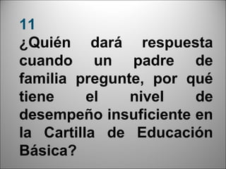 11
¿Quién dará respuesta
cuando un padre de
familia pregunte, por qué
tiene     el   nivel   de
desempeño insuficiente en
la Cartilla de Educación
Básica?                 23
 