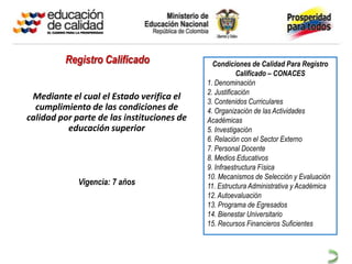 Registro Calificado                  Condiciones de Calidad Para Registro
                                                       Calificado – CONACES
                                            1. Denominación
                                            2. Justificación
 Mediante el cual el Estado verifica el     3. Contenidos Curriculares
  cumplimiento de las condiciones de        4. Organización de las Actividades
calidad por parte de las instituciones de   Académicas
          educación superior                5. Investigación
                                            6. Relación con el Sector Externo
                                            7. Personal Docente
                                            8. Medios Educativos
                                            9. Infraestructura Física
                                            10. Mecanismos de Selección y Evaluación
             Vigencia: 7 años               11. Estructura Administrativa y Académica
                                            12. Autoevaluación
                                            13. Programa de Egresados
                                            14. Bienestar Universitario
                                            15. Recursos Financieros Suficientes
 