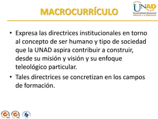 MACROCURRÍCULO

• Expresa las directrices institucionales en torno
  al concepto de ser humano y tipo de sociedad
  que la UNAD aspira contribuir a construir,
  desde su misión y visión y su enfoque
  teleológico particular.
• Tales directrices se concretizan en los campos
  de formación.
 