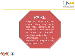 PARE
Tenga en cuenta que para
avanzar desde este punto
debe haber completado las
competencias que permiten
las rutas de formación
anteriores a esta señal.
Comuníquese         con  su
consejero de programa para
mayor orientación.
 