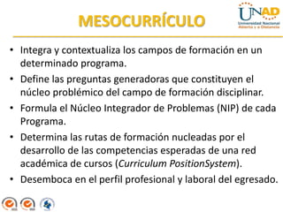 MESOCURRÍCULO
• Integra y contextualiza los campos de formación en un
  determinado programa.
• Define las preguntas generadoras que constituyen el
  núcleo problémico del campo de formación disciplinar.
• Formula el Núcleo Integrador de Problemas (NIP) de cada
  Programa.
• Determina las rutas de formación nucleadas por el
  desarrollo de las competencias esperadas de una red
  académica de cursos (Curriculum PositionSystem).
• Desemboca en el perfil profesional y laboral del egresado.
 