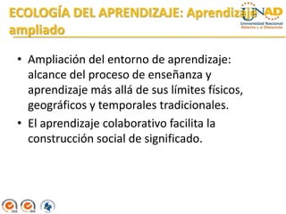 ECOLOGÍA DEL APRENDIZAJE: Aprendizaje
ampliado

 • Ampliación del entorno de aprendizaje:
   alcance del proceso de enseñanza y
   aprendizaje más allá de sus límites físicos,
   geográficos y temporales tradicionales.
 • El aprendizaje colaborativo facilita la
   construcción social de significado.
 