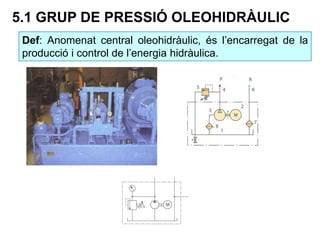 5.1 GRUP DE PRESSIÓ OLEOHIDRÀULIC
Def: Anomenat central oleohidràulic, és l’encarregat de la
producció i control de l’energia hidràulica.
 