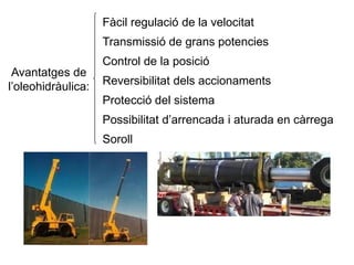 Avantatges de
l’oleohidràulica:
Fàcil regulació de la velocitat
Transmissió de grans potencies
Control de la posició
Reversibilitat dels accionaments
Protecció del sistema
Possibilitat d’arrencada i aturada en càrrega
Soroll
 