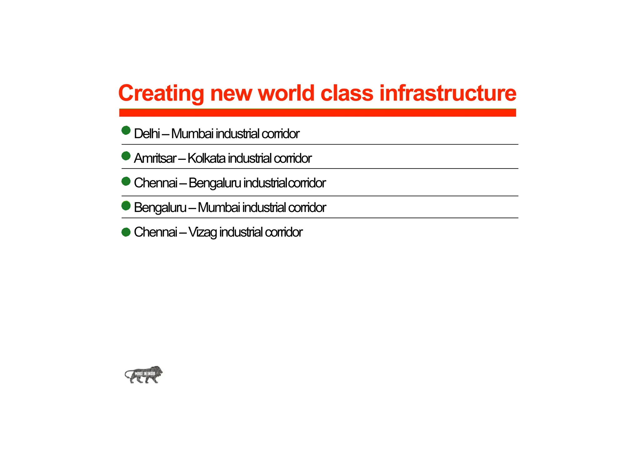 Delhi–Mumbaiindustrialcorridor
Amritsar–Kolkataindustrialcorridor
Chennai–Bengaluruindustrialcorridor
Bengaluru–Mumbaiindustrialcorridor
Chennai–Vizagindustrialcorridor
Creating new world class infrastructure
 