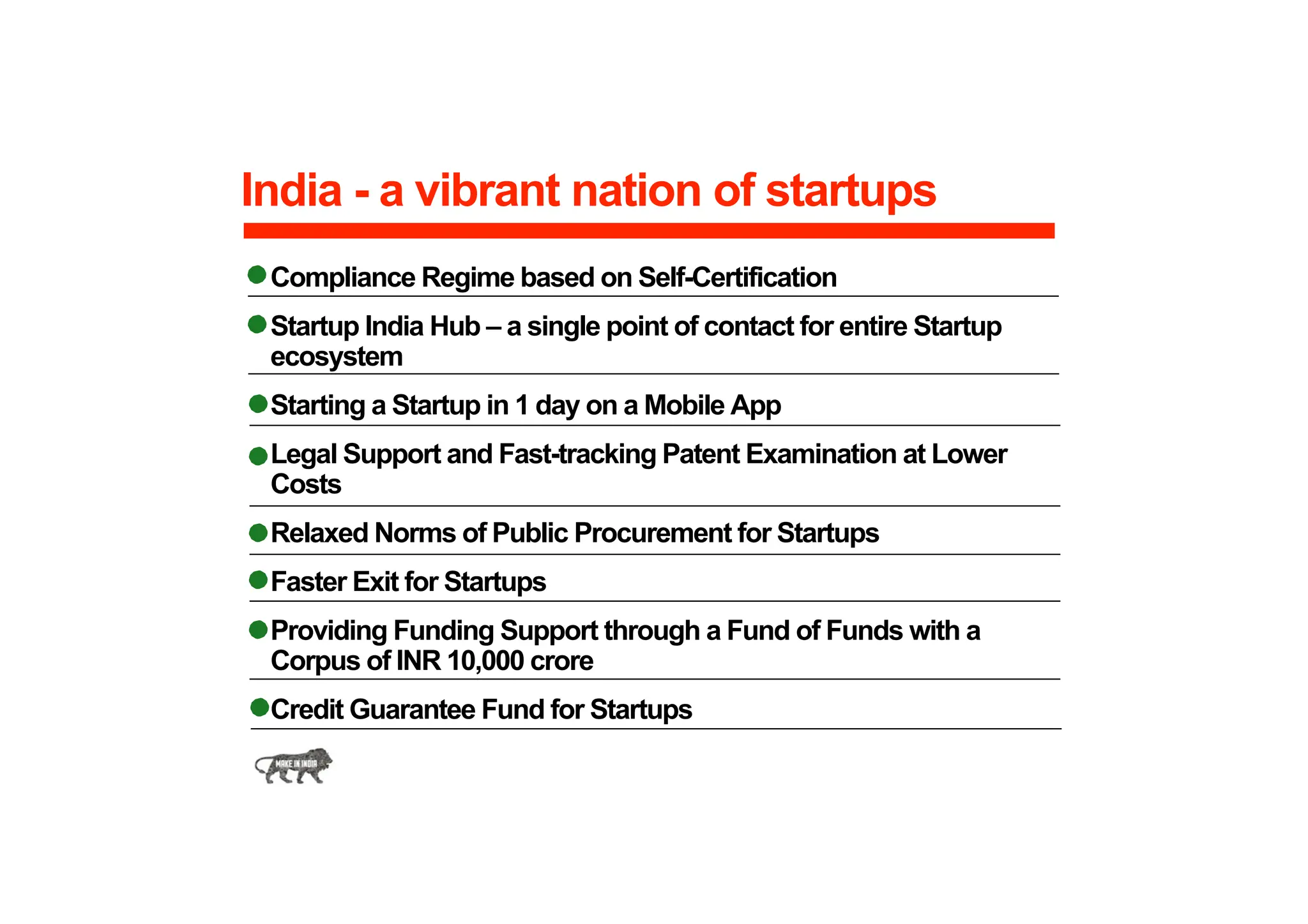 India - a vibrant nation of startups
Compliance Regime based on Self-Certification
Startup India Hub – a single point of contact for entire Startup
ecosystem
Starting a Startup in 1 day on a Mobile App
Legal Support and Fast-tracking Patent Examination at Lower
Costs
Relaxed Norms of Public Procurement for Startups
Faster Exit for Startups
Providing Funding Support through a Fund of Funds with a
Corpus of INR 10,000 crore
Credit Guarantee Fund for Startups
 