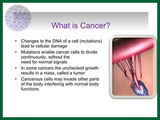 • Changes to the DNA of a cell (mutations)
lead to cellular damage
• Mutations enable cancer cells to divide
continuously, without the
need for normal signals
• In some cancers the unchecked growth
results in a mass, called a tumor
• Cancerous cells may invade other parts
of the body interfering with normal body
functions
What is Cancer?
 