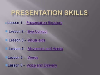    Lesson 1 - Presentation Structure

 Lesson 2 - Eye Contact

 Lesson 3 - Visual aids

 Lesson 4 - Movement and Hands

Lesson 5 - Words

Lesson 6 - Voice and Delivery
 