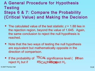 © 2007 Prentice Hall 15-28
 The calculated value of the test statistic z = 1.88 lies in
the rejection region, beyond the value of 1.645. Again,
the same conclusion to reject the null hypothesis is
reached.
 Note that the two ways of testing the null hypothesis
are equivalent but mathematically opposite in the
direction of comparison.
 If the probability of < significance level ( ) then
reject H0 but if > then reject H0.
A General Procedure for Hypothesis
Testing
Steps 6 & 7: Compare the Probability
(Critical Value) and Making the Decision
TSCAL α
TSCAL TSCR
 