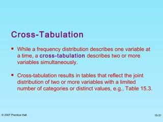 © 2007 Prentice Hall 15-31
Cross-Tabulation
 While a frequency distribution describes one variable at
a time, a cross-tabulation describes two or more
variables simultaneously.
 Cross-tabulation results in tables that reflect the joint
distribution of two or more variables with a limited
number of categories or distinct values, e.g., Table 15.3.
 