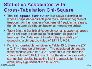 © 2007 Prentice Hall 15-54
 The chi-square distribution is a skewed distribution
whose shape depends solely on the number of degrees of
freedom. As the number of degrees of freedom increases,
the chi-square distribution becomes more symmetrical.
 Table 3 in the Statistical Appendix contains upper-tail areas
of the chi-square distribution for different degrees of
freedom. For 1 degree of freedom the probability of
exceeding a chi-square value of 3.841 is 0.05.
 For the cross-tabulation given in Table 15.3, there are (2-1)
x (2-1) = 1 degree of freedom. The calculated chi-square
statistic had a value of 3.333. Since this is less than the
critical value of 3.841, the null hypothesis of no association
can not be rejected indicating that the association is not
statistically significant at the 0.05 level.
Statistics Associated with
Cross-Tabulation Chi-Square
 