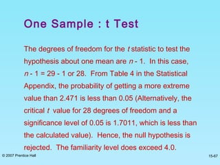 © 2007 Prentice Hall 15-67
The degrees of freedom for the t statistic to test the
hypothesis about one mean are n - 1. In this case,
n - 1 = 29 - 1 or 28. From Table 4 in the Statistical
Appendix, the probability of getting a more extreme
value than 2.471 is less than 0.05 (Alternatively, the
critical t value for 28 degrees of freedom and a
significance level of 0.05 is 1.7011, which is less than
the calculated value). Hence, the null hypothesis is
rejected. The familiarity level does exceed 4.0.
One Sample : t Test
 